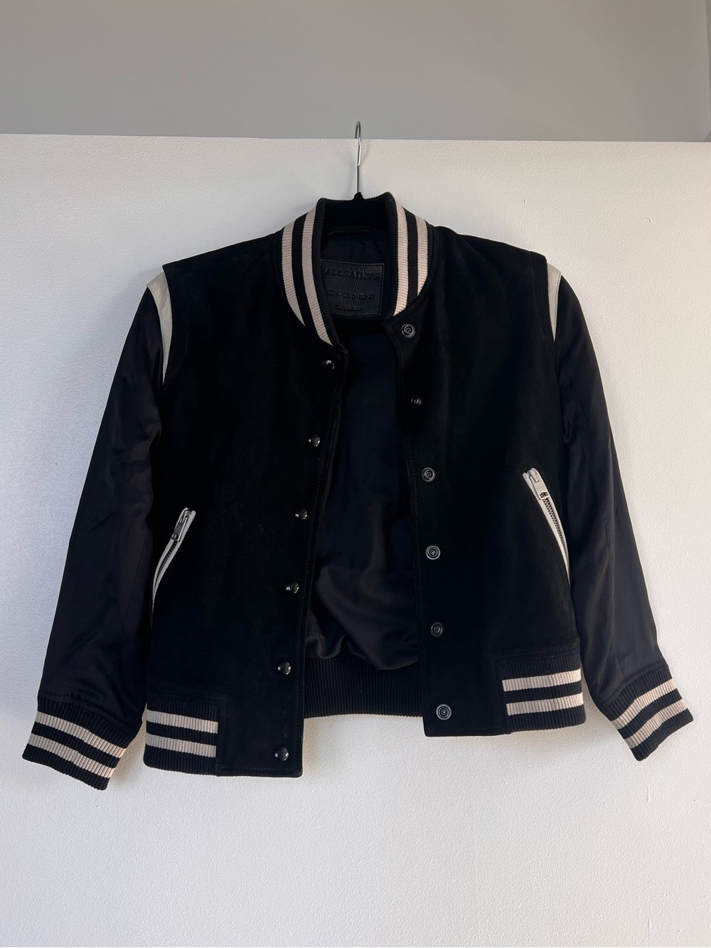 All Saints Black Bomber Jacket with Cream Stripe Trim